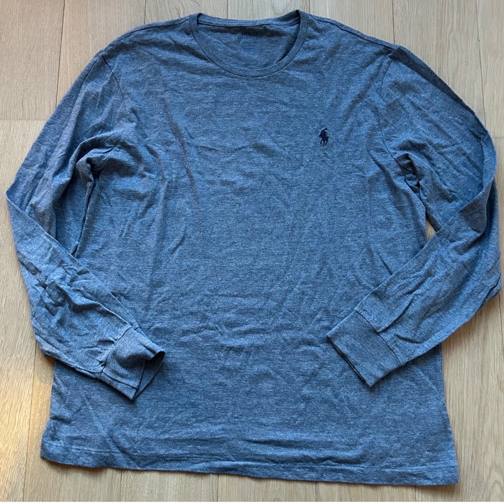 Polo Ralph Lauren Mens Large Long Sleeve T-Shirt Gray Blue Cotton Crew Neck Pony